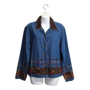 Tantrum Blues Vintage Denim Leather Accent Embroidered Beaded Shirt Sz M